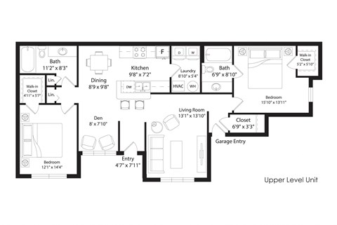 Floor plan for 2 beds, 2 baths, 1315 sqft